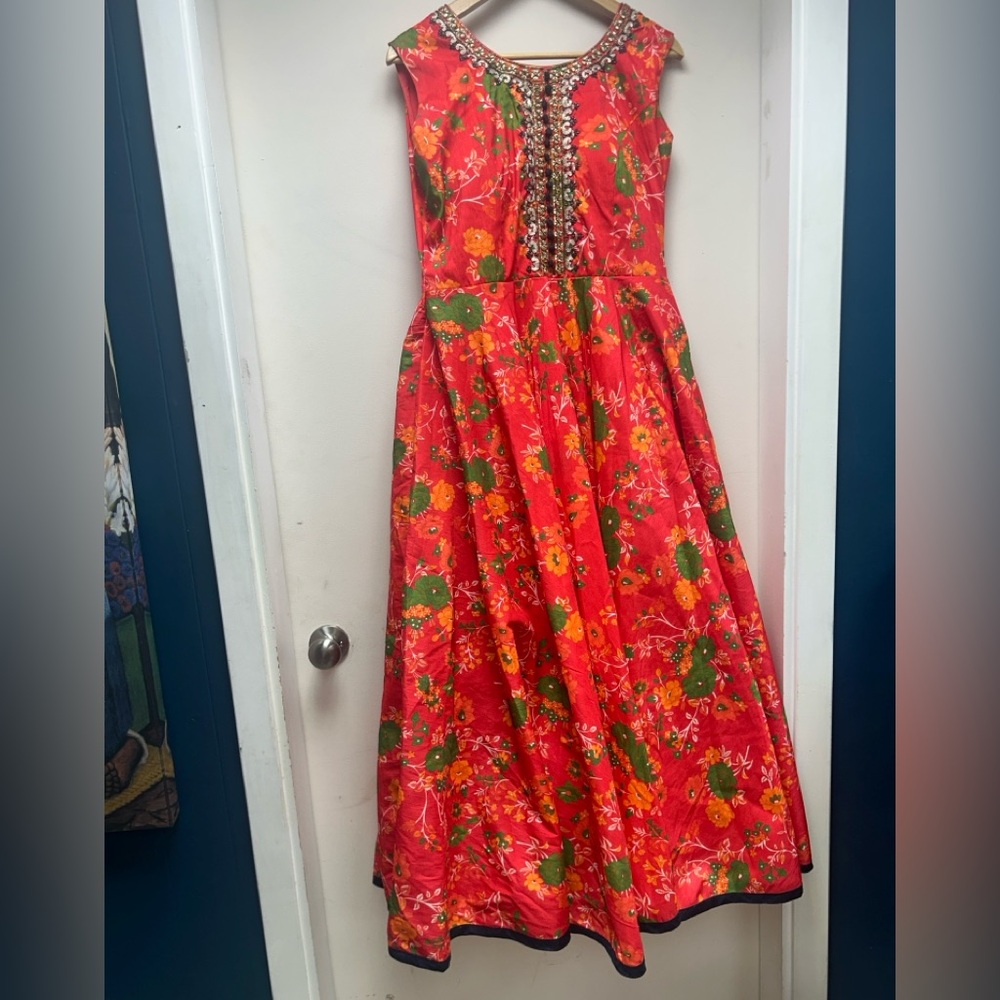 Gorgeous Handmade Red Floral Embroidered Traditional Indian Dress L